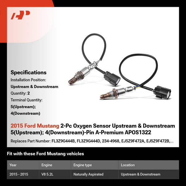 2015 Ford Mustang 2-Pc Oxygen Sensor Upstream & Downstream 5(Upstream); 4(Downstream)-Pin A-Premium APOS1322
