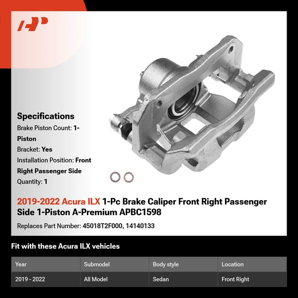 2019-2022 Acura ILX 1-Pc Brake Caliper Front Right Passenger Side 1-Piston A-Premium APBC1598