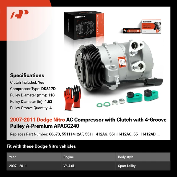 2007-2011 Dodge Nitro AC Compressor with Clutch with 4-Groove Pulley A-Premium APACC240