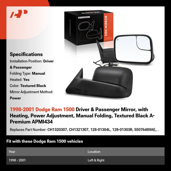 1998-2001 Dodge Ram 1500 Driver & Passenger Mirror, with Heating, Power Adjustment, Manual Folding, Textured Black A-Premium APMI434