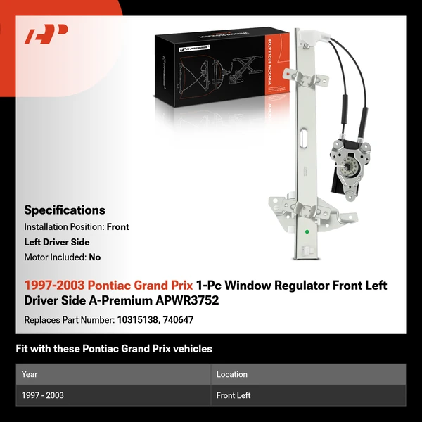 1997-2003 Pontiac Grand Prix 1-Pc Window Regulator Front Left Driver Side A-Premium APWR3752