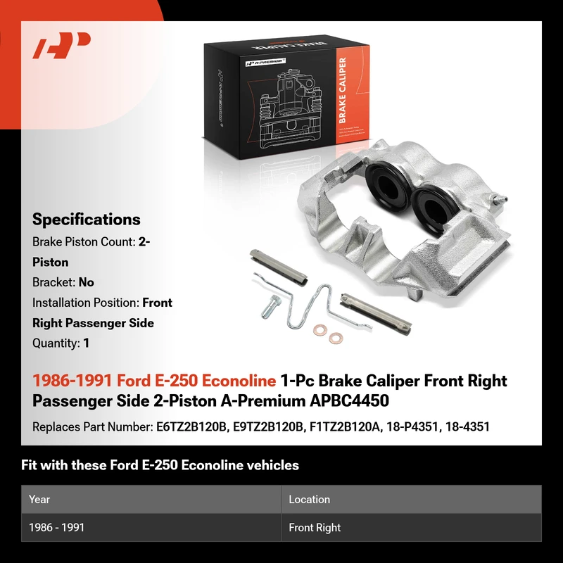 1986-1991 Ford E-250 Econoline 1-Pc Brake Caliper Front Right Passenger Side 2-Piston A-Premium APBC4450