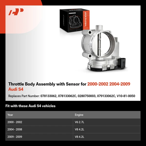 Throttle Body Assembly with Sensor for 2000-2002 2004-2009 Audi S4