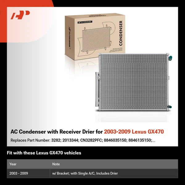 AC Condenser with Receiver Drier for 2003-2009 Lexus GX470