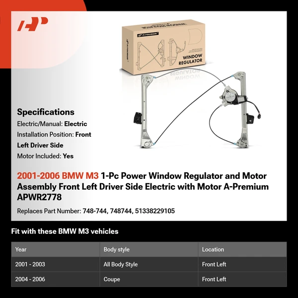 2001-2006 BMW M3 1-Pc Power Window Regulator and Motor Assembly Front Left Driver Side Electric with Motor A-Premium APWR2778