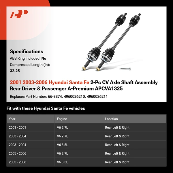 2001 2003-2006 Hyundai Santa Fe 2-Pc CV Axle Shaft Assembly Rear Driver & Passenger A-Premium APCVA1325