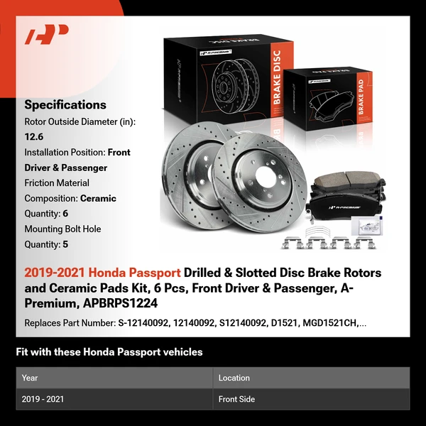2019-2021 Honda Passport Drilled & Slotted Disc Brake Rotors and Ceramic Pads Kit, 6 Pcs, Front Driver & Passenger, A-Premium, APBRPS1224