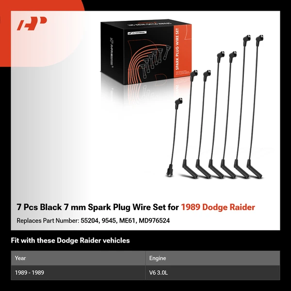 7 Pcs Black 7 mm Spark Plug Wire Set for 1989 Dodge Raider
