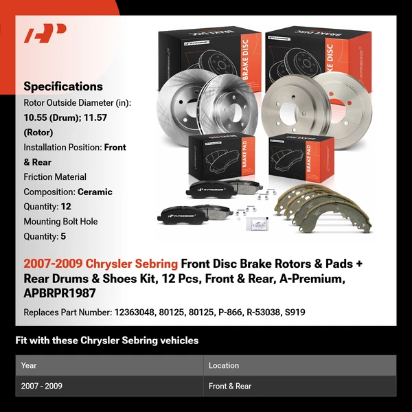 2007-2009 Chrysler Sebring Front Disc Brake Rotors & Pads + Rear Drums & Shoes Kit, 12 Pcs, Front & Rear, A-Premium, APBRPR1987