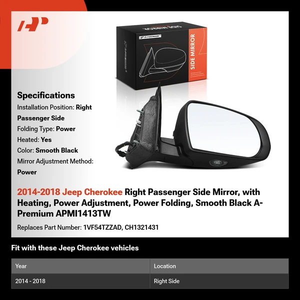 2014-2018 Jeep Cherokee Right Passenger Side Mirror, with Heating, Power Adjustment, Power Folding, Smooth Black A-Premium APMI1413TW