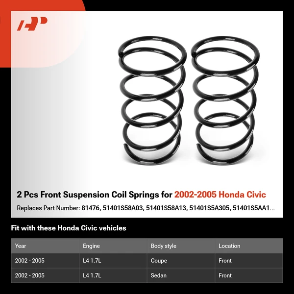 2 Pcs Front Suspension Coil Springs for 2002-2005 Honda Civic
