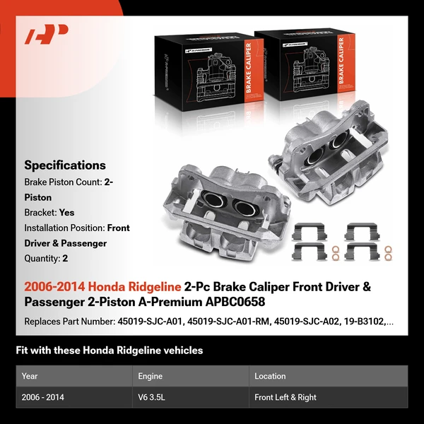 2006-2014 Honda Ridgeline 2-Pc Brake Caliper Front Driver & Passenger 2-Piston A-Premium APBC0658