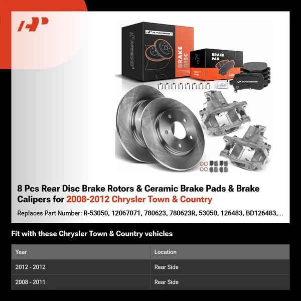 8 Pcs Rear Disc Brake Rotors & Ceramic Brake Pads & Brake Calipers for 2008-2012 Chrysler Town & Country