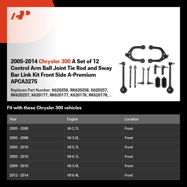 2005-2014 Chrysler 300 A Set of 12 Control Arm Ball Joint Tie Rod and Sway Bar Link Kit Front Side A-Premium APCA3275