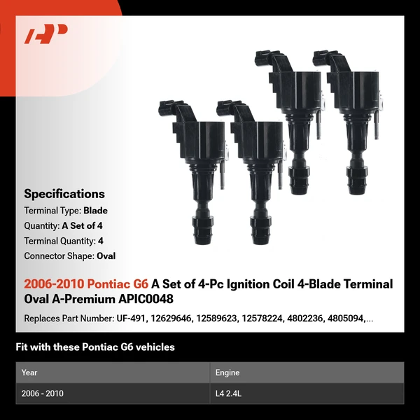 2006-2010 Pontiac G6 A Set of 4-Pc Ignition Coil 4-Blade Terminal Oval A-Premium APIC0048