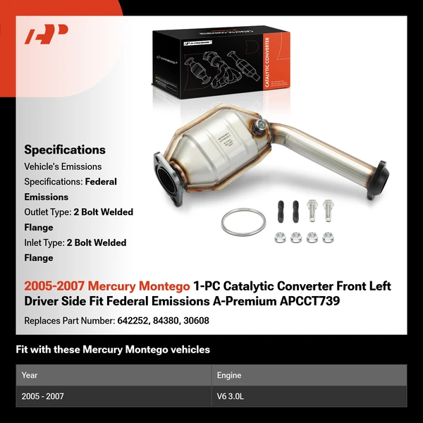 2005-2007 Mercury Montego 1-PC Catalytic Converter Front Left Driver Side Fit Federal Emissions A-Premium APCCT739