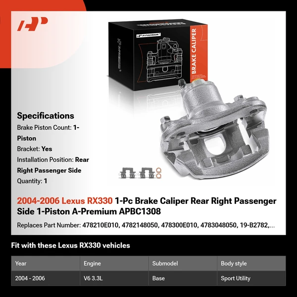 2004-2006 Lexus RX330 1-Pc Brake Caliper Rear Right Passenger Side 1-Piston A-Premium APBC1308
