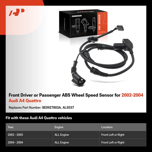 Front Driver or Passenger ABS Wheel Speed Sensor for 2002-2004 Audi A4 Quattro