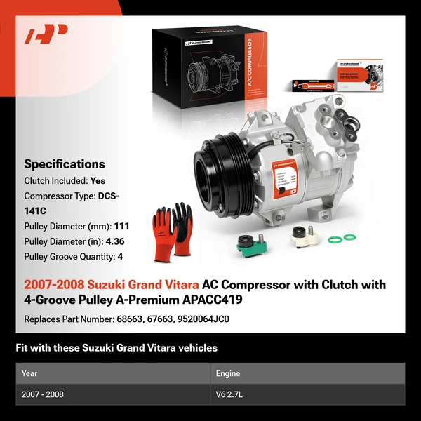 2007-2008 Suzuki Grand Vitara AC Compressor with Clutch with 4-Groove Pulley A-Premium APACC419