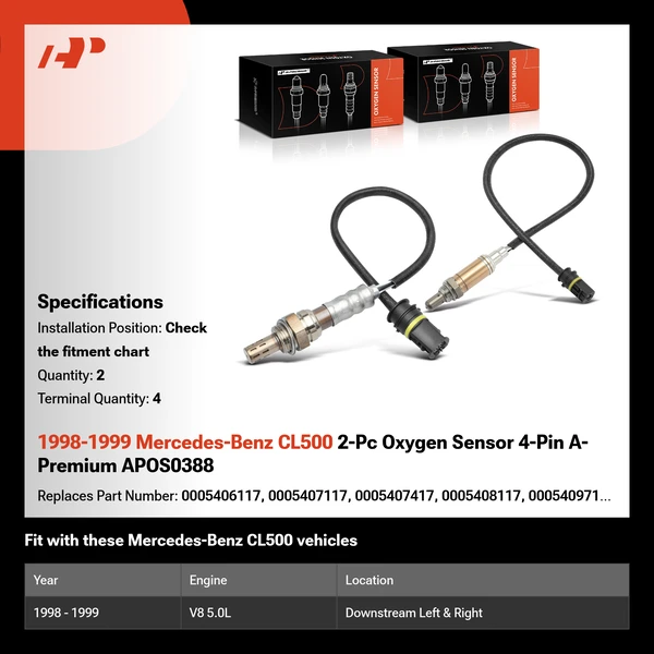 1998-1999 Mercedes-Benz CL500 2-Pc Oxygen Sensor 4-Pin A-Premium APOS0388