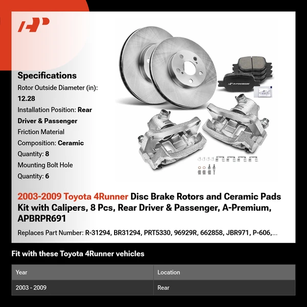 2003-2009 Toyota 4Runner Disc Brake Rotors and Ceramic Pads Kit with Calipers, 8 Pcs, Rear Driver & Passenger, A-Premium, APBRPR691