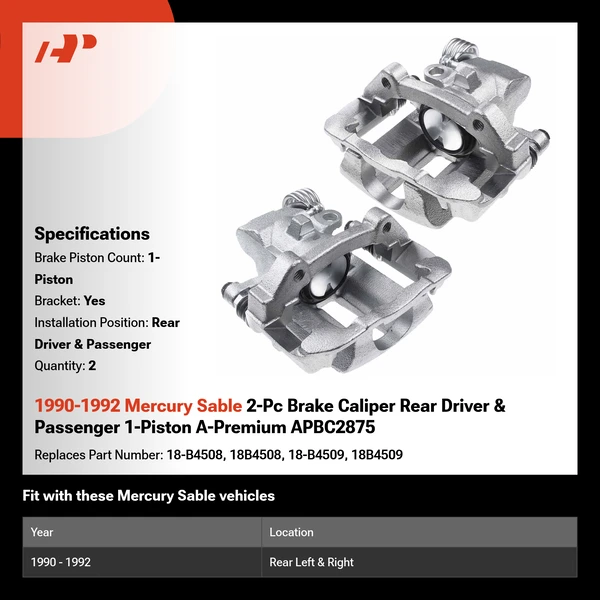 1990-1992 Mercury Sable 2-Pc Brake Caliper Rear Driver & Passenger 1-Piston A-Premium APBC2875