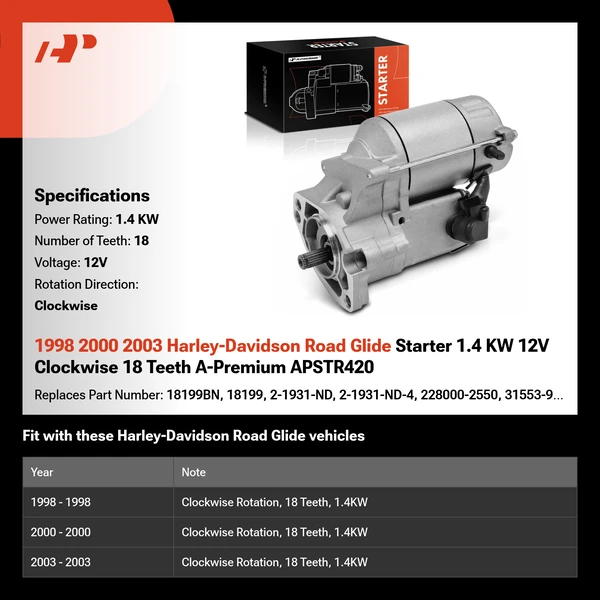 1998 2000 2003 Harley-Davidson Road Glide Starter 1.4 KW 12V Clockwise 18 Teeth A-Premium APSTR420