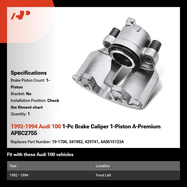 1992-1994 Audi 100 1-Pc Brake Caliper 1-Piston A-Premium APBC2755