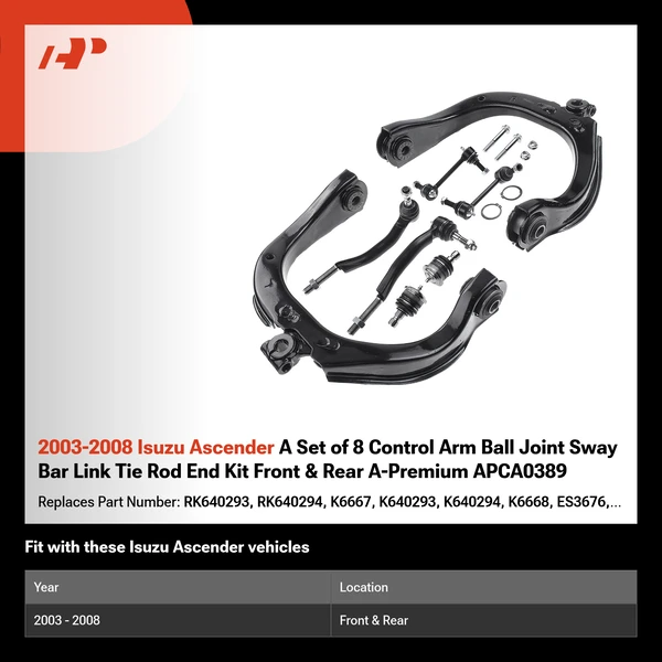2003-2008 Isuzu Ascender A Set of 8 Control Arm Ball Joint Sway Bar Link Tie Rod End Kit Front & Rear A-Premium APCA0389