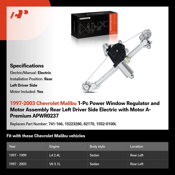 1997-2003 Chevrolet Malibu 1-Pc Power Window Regulator and Motor Assembly Rear Left Driver Side Electric with Motor A-Premium APWR0237