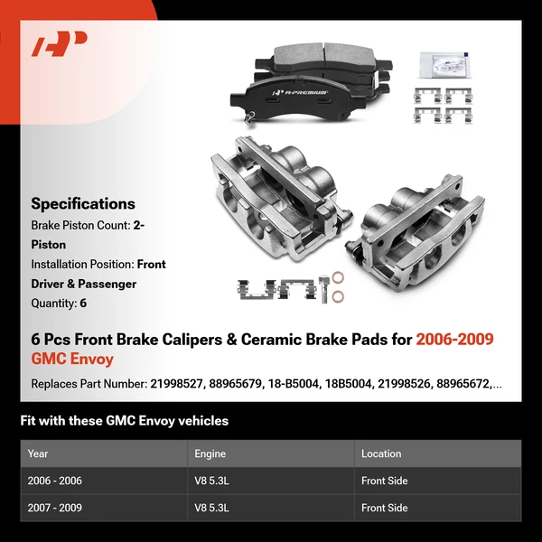 6 Pcs Front Brake Calipers & Ceramic Brake Pads for 2006-2009 GMC Envoy