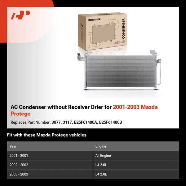 AC Condenser without Receiver Drier for 2001-2003 Mazda Protege