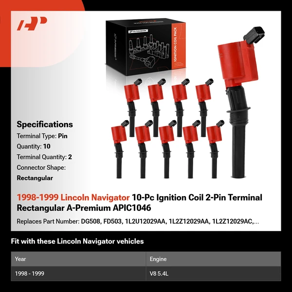 1998-1999 Lincoln Navigator A Set of 10-Pc Ignition Coil 2-Blade Terminal Rectangular A-Premium APIC1046