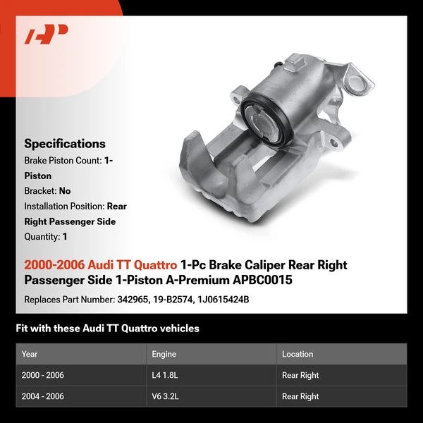 2000-2006 Audi TT Quattro 1-Pc Brake Caliper Rear Right Passenger Side 1-Piston A-Premium APBC0015