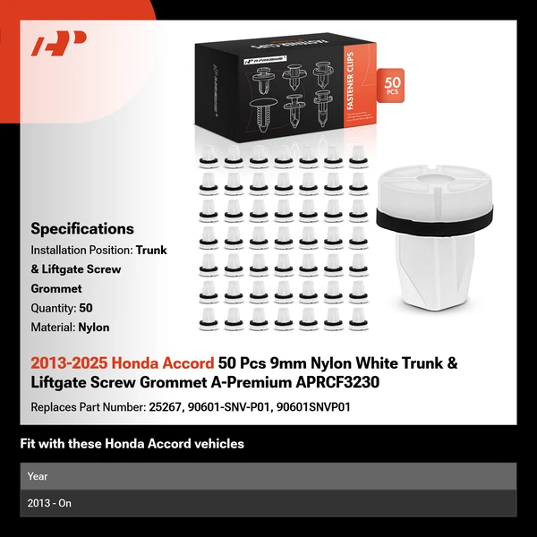 2013-2025 Honda Accord 50 Pcs 9mm Nylon White Trunk & Liftgate Screw Grommet A-Premium APRCF3230