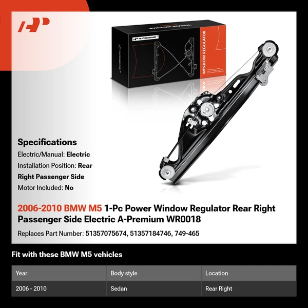 2006-2010 BMW M5 1-Pc Power Window Regulator Rear Right Passenger Side Electric A-Premium WR0018
