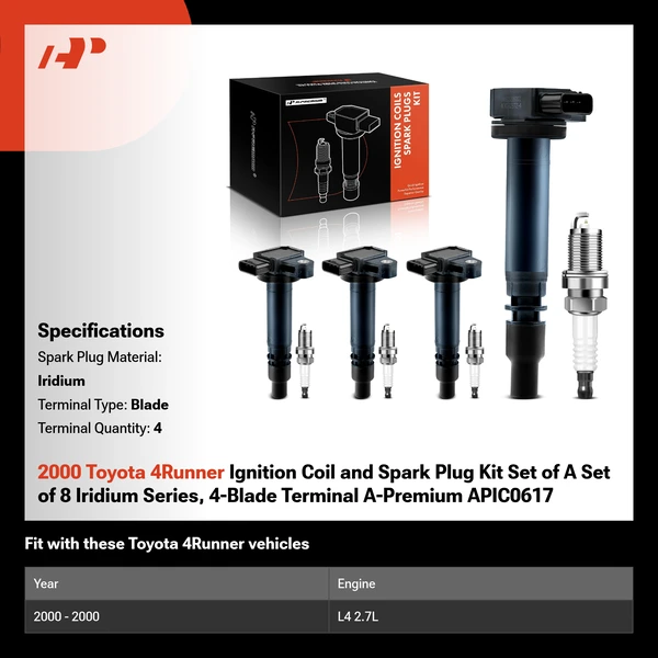 2000 Toyota 4Runner Ignition Coil and Spark Plug Kit Set of A Set of 8 Iridium Series, 4-Blade Terminal A-Premium APIC0617