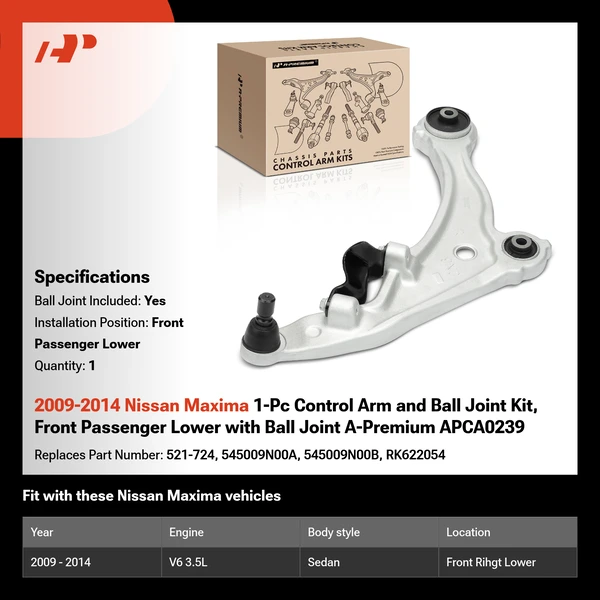 2009-2014 Nissan Maxima 1-Pc Control Arm and Ball Joint Kit, Front Passenger Lower with Ball Joint A-Premium APCA0239