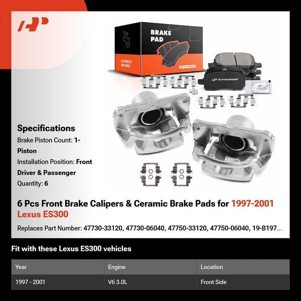 6 Pcs Front Brake Calipers & Ceramic Brake Pads for 1997-2001 Lexus ES300