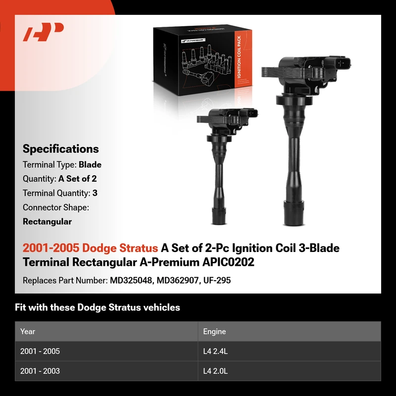 2001-2005 Dodge Stratus A Set of 2-Pc Ignition Coil 3-Blade Terminal Rectangular A-Premium APIC0202