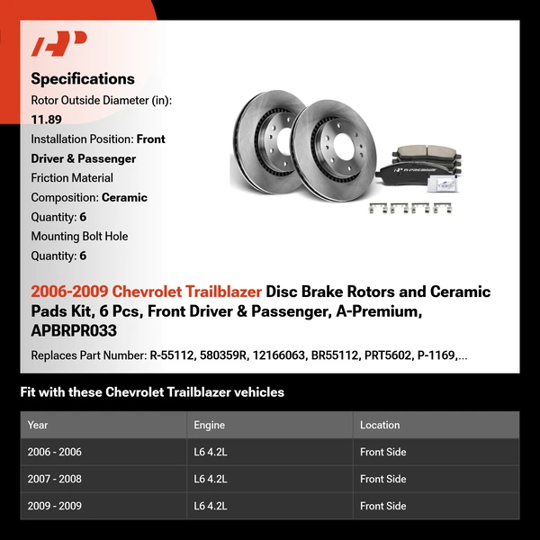2006-2009 Chevrolet Trailblazer Disc Brake Rotors and Ceramic Pads Kit, 6 Pcs, Front Driver & Passenger, A-Premium, APBRPR033