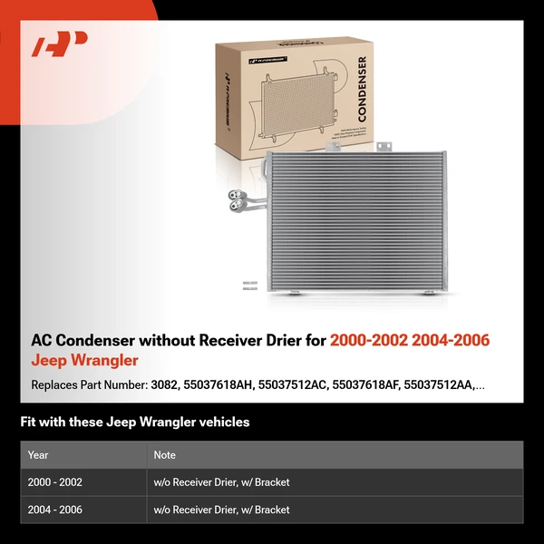 AC Condenser without Receiver Drier for 2000-2002 2004-2006 Jeep Wrangler