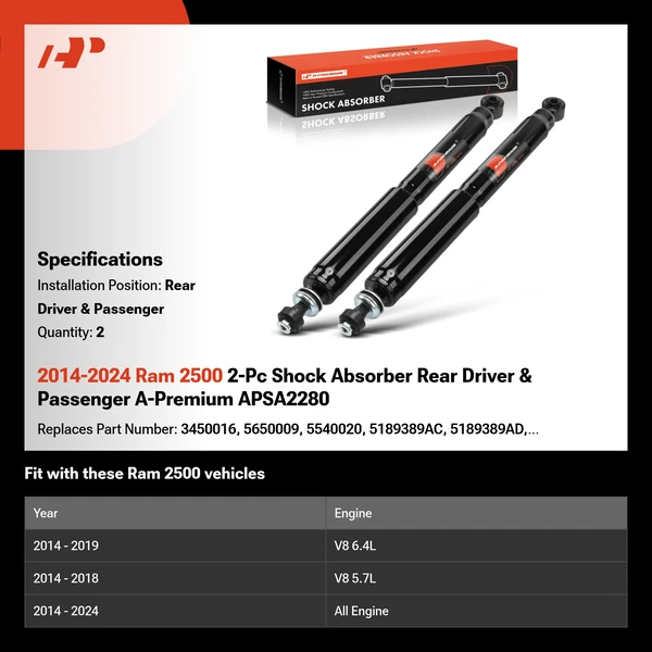 2014-2024 Ram 2500 2-Pc Shock Absorber Rear Driver & Passenger A-Premium APSA2280