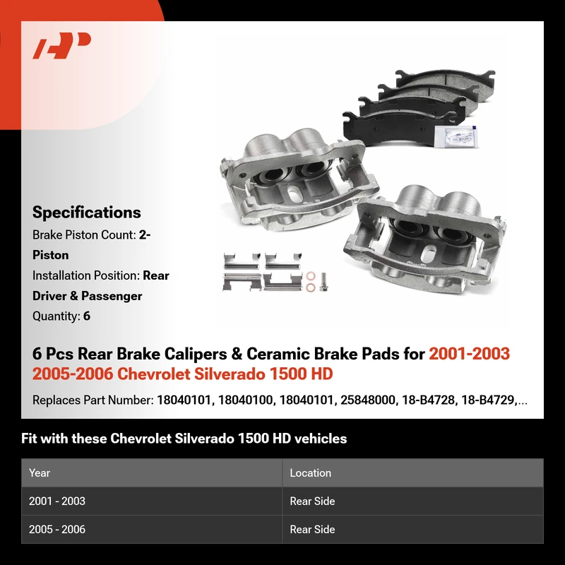 6 Pcs Rear Brake Calipers & Ceramic Brake Pads for 2001-2003 2005-2006 Chevrolet Silverado 1500 HD
