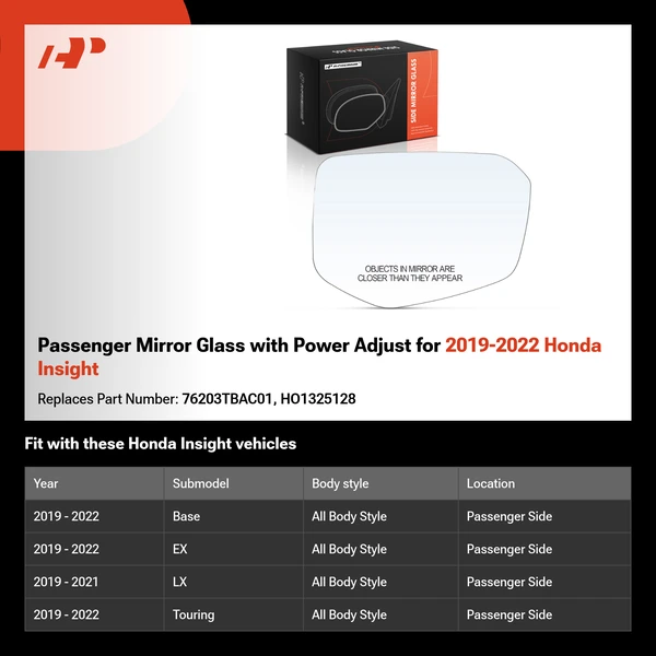 Passenger Mirror Glass with Power Adjust for 2019-2022 Honda Insight