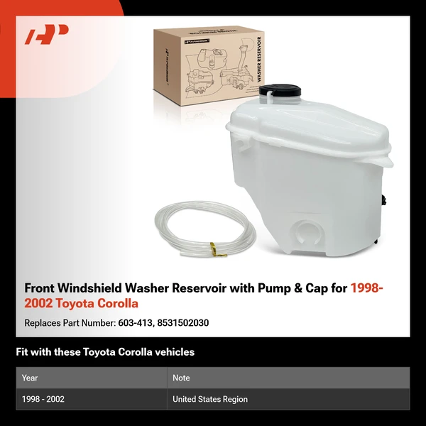 Front Windshield Washer Reservoir with Pump & Cap for 1998-2002 Toyota Corolla