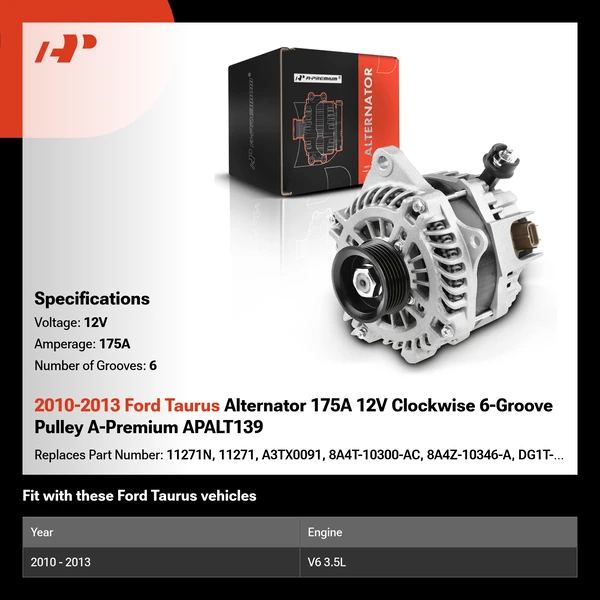 2010-2013 Ford Taurus Alternator 175A 12V Clockwise 6-Groove Pulley A-Premium APALT139