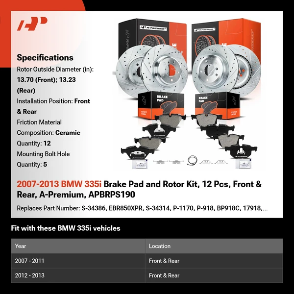 2007-2013 BMW 335i Brake Pad and Rotor Kit, 12 Pcs, Front & Rear, A-Premium, APBRPS190