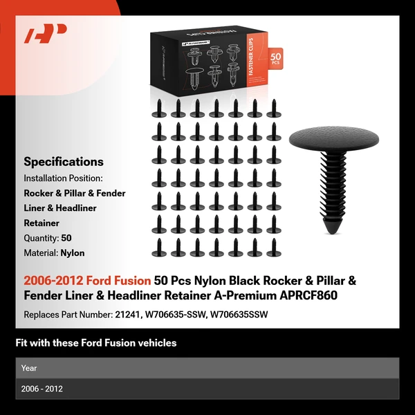 2006-2012 Ford Fusion 50 Pcs Nylon Black Rocker & Pillar & Fender Liner & Headliner Retainer A-Premium APRCF860