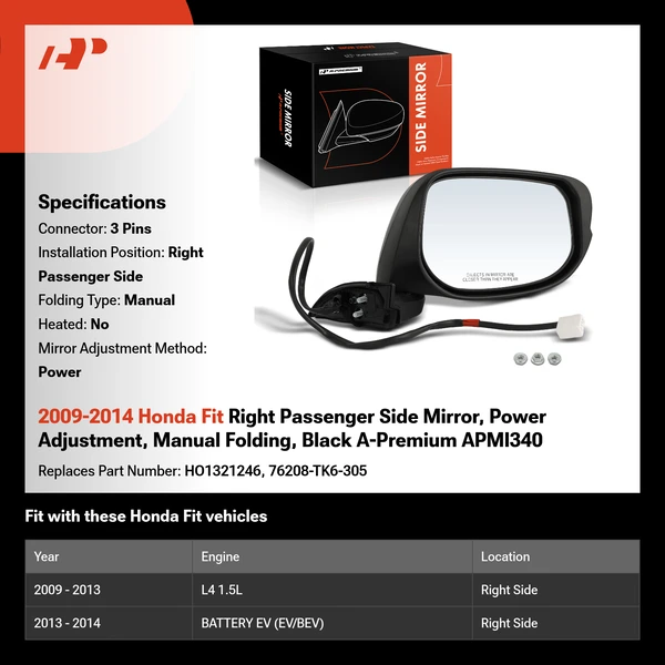 2009-2014 Honda Fit Right Passenger Side Mirror, Power Adjustment, Manual Folding, Black A-Premium APMI340